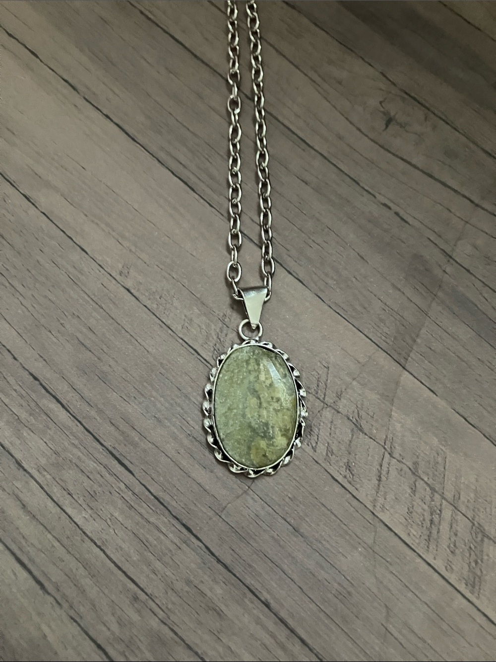 Silver Pendant Necklace with Green Oval Stone